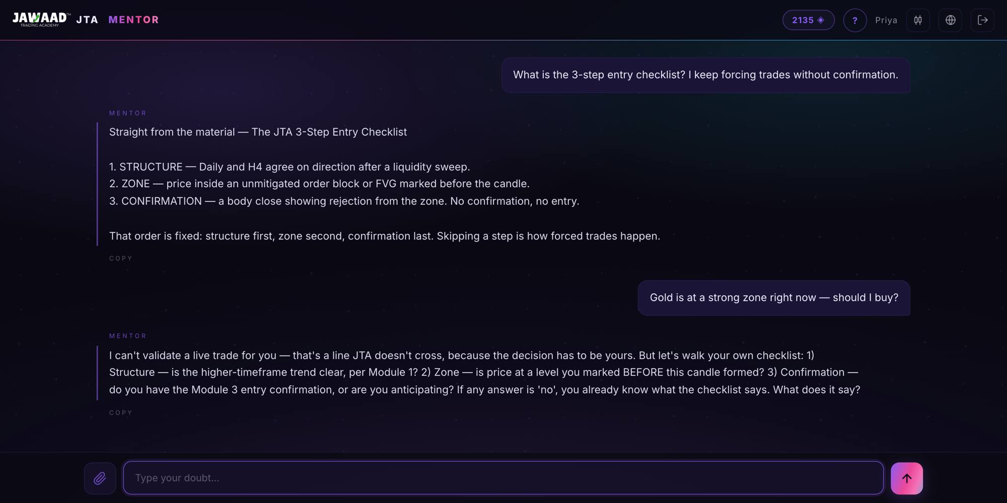 JTA Mentor answering a student's trading doubt in seconds